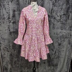 Tuckernuck Kenzo Mini Block Print Dress Womens XS Pink Tiered Ruffle Danty Chic